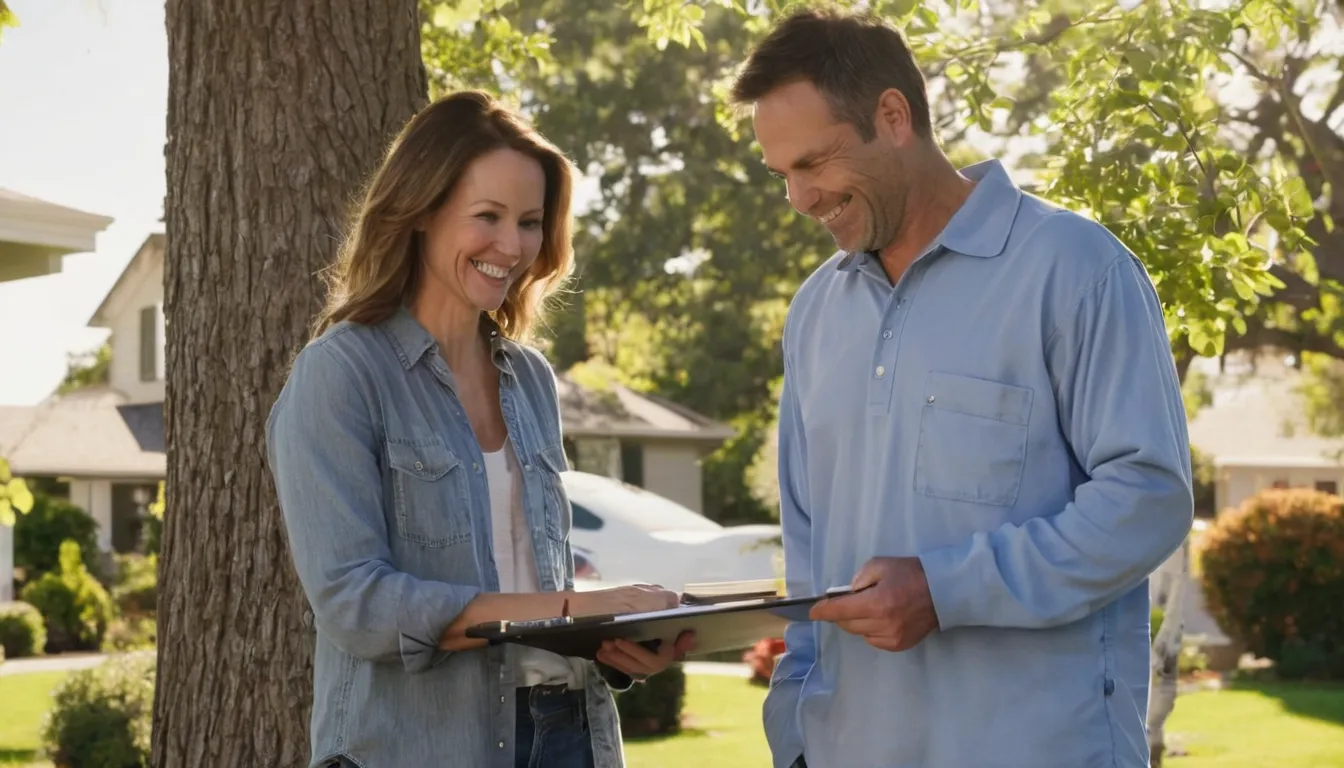 A homeowner reviewing a written tree removal estimate with a provider